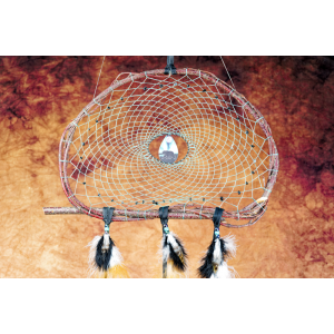 203- Large Branch Dream catcher 14" - Turquoise web - obsidian snowflake chip beads - black bear walking - black leather