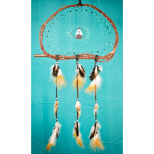 203- Large Branch Dream catcher 14" - Turquoise web - obsidian snowflake chip beads - black bear walking - black leather