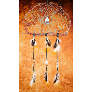 203- Large Branch Dream catcher 14" - Turquoise web - obsidian snowflake chip beads - black bear walking - black leather