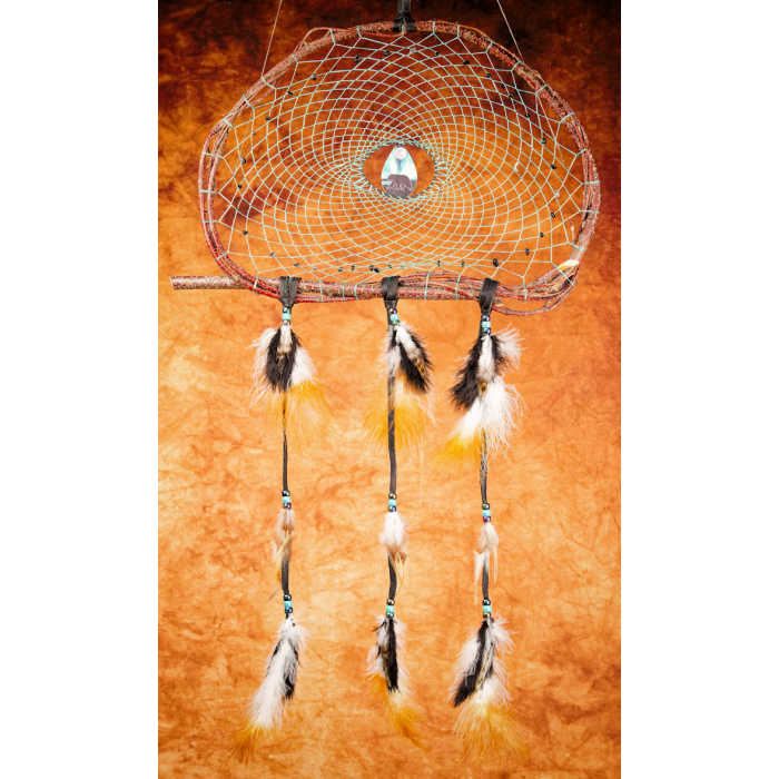 203- Large Branch Dream catcher 14" - Turquoise web - obsidian snowflake chip beads - black bear walking - black leather