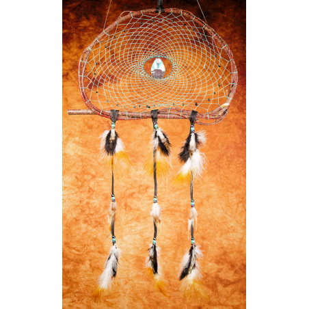 203- Large Branch Dream catcher 14" - Turquoise web - obsidian snowflake chip beads - black bear walking - black leather