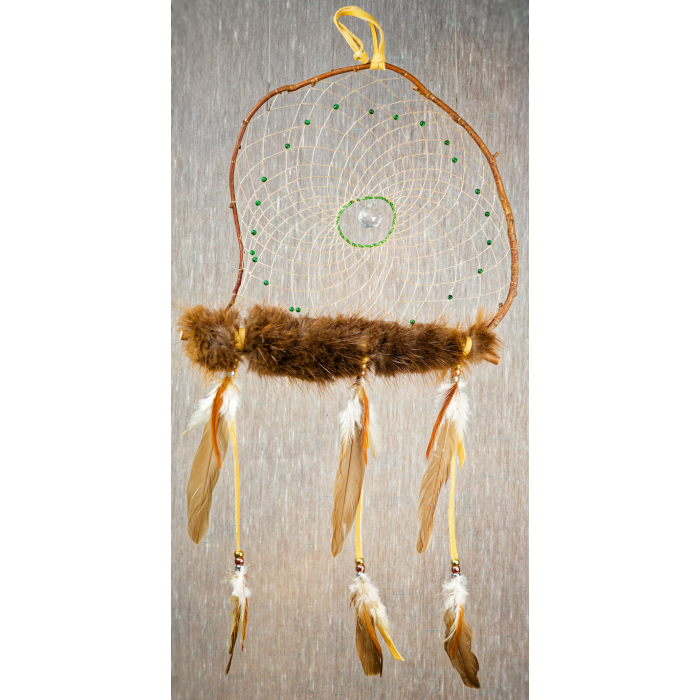 Item 204:  Large Branch Dream Catcher 12" - Malachite - beaver fur - prism