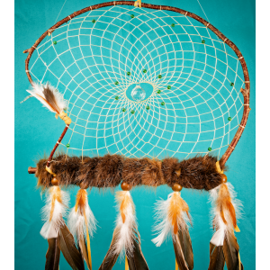 Item 205:  Extra Large Branch dream catcher 25" - malachite - Beaver fur - prism
