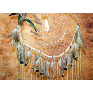 One-of-a-kind Large branch Dream catcher with owl and wild geese feathers, bone wolf howling at moon