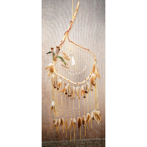 One-of-a-kind Large branch Dream catcher with owl and wild geese feathers, bone wolf howling at moon