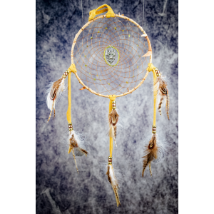 159 - 7" ring Birch Bark Wrapped, Green Eyed Wolf centre, with Peridot in webbing