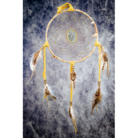 159 - 7" ring Birch Bark Wrapped, Green Eyed Wolf centre, with Peridot in webbing