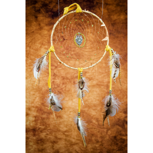 159 - 7" ring Birch Bark Wrapped, Green Eyed Wolf centre, with Peridot in webbing