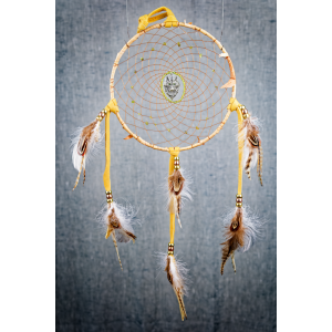 159 - 7" ring Birch Bark Wrapped, Green Eyed Wolf centre, with Peridot in webbing