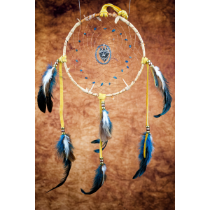 160 - 7" ring Birch Wrapped , Blue eyed wolf centre with Apatite in webbing