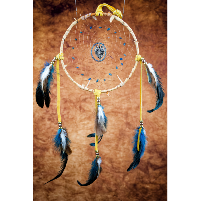 160 - 7" ring Birch Wrapped , Blue eyed wolf centre with Apatite in webbing