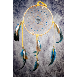 160 - 7" ring Birch Wrapped , Blue eyed wolf centre with Apatite in webbing