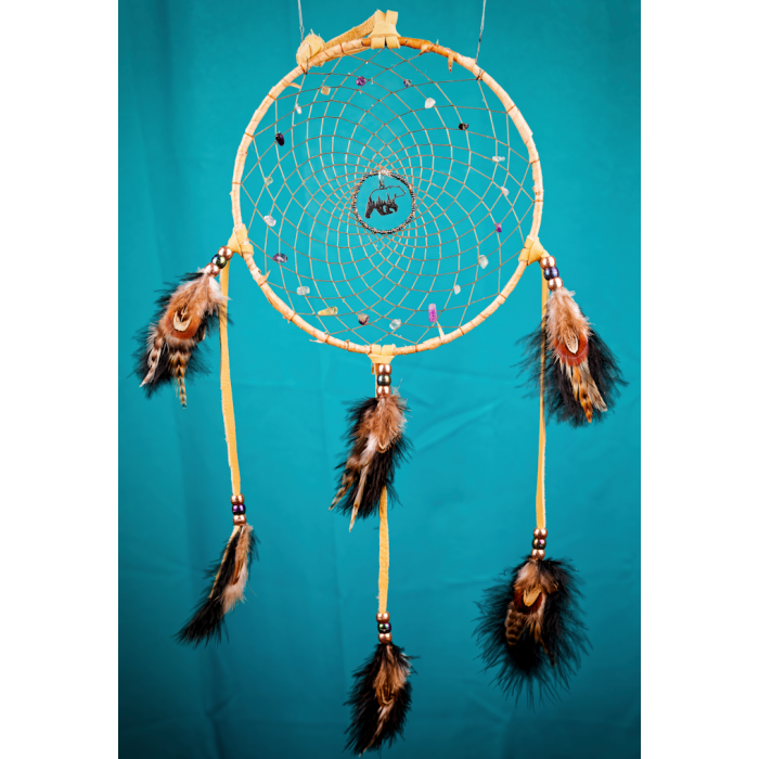 162 - 7" ring Birch Wrapped walking bear forest centre and fluorite in webbing
