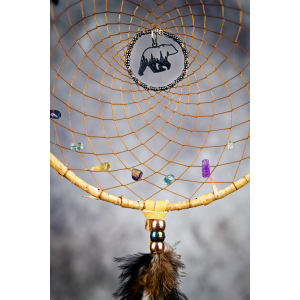 162 - 7" ring Birch Wrapped walking bear forest centre and fluorite in webbing