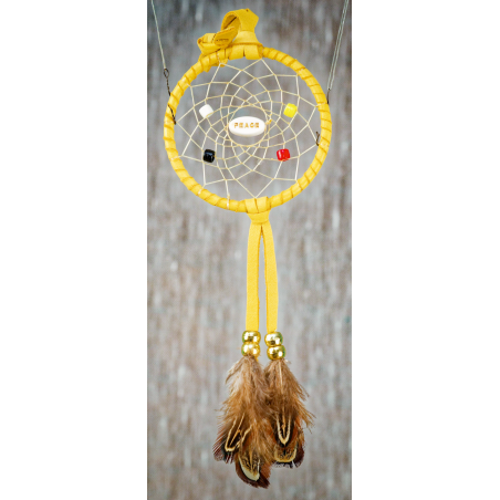 Item 183: Small 3inch Dream catcher, Yellow Leather, Peace centre, Medicine wheel