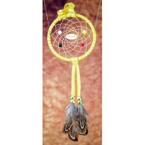 Item 183: Small 3inch Dream catcher, Yellow Leather, Peace centre, Medicine wheel
