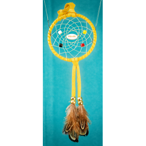 Item 183: Small 3inch Dream catcher, Yellow Leather, Peace centre, Medicine wheel