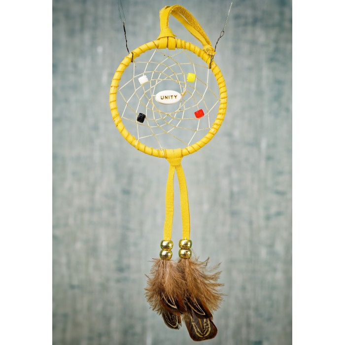 Item 130: Small 3inch Dream catcher - Leather, Yellow - UNITY