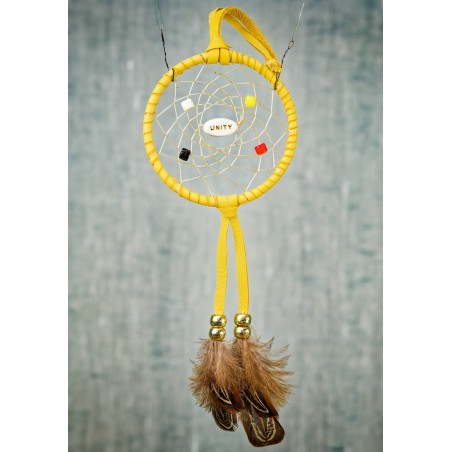 Item 130: Small 3inch Dream catcher - Leather, Yellow - UNITY