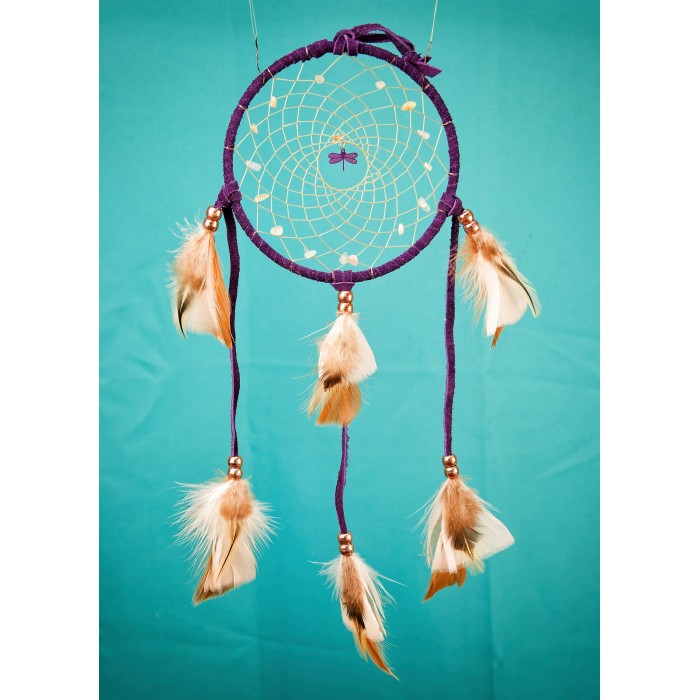 Item 221: Dream Catcher 5in - Purple Suede - Purple Dragonfly center -  Morganite