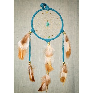 Item 222: 5 inch - Blue Turquoise Suede Leather Dream Catcher with Gemstone Turtle Center - Jade New