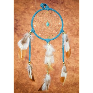 Item 222: 5 inch - Blue Turquoise Suede Leather Dream Catcher with Gemstone Turtle Center - Jade New