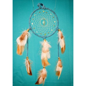 Item 222: 5 inch - Blue Turquoise Suede Leather Dream Catcher with Gemstone Turtle Center - Jade New
