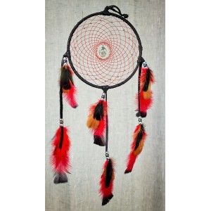 Item 223: 7inch Dream Catcher- Black leather -Red Webbing- Silvery beads - Wolf Teach me to Know -