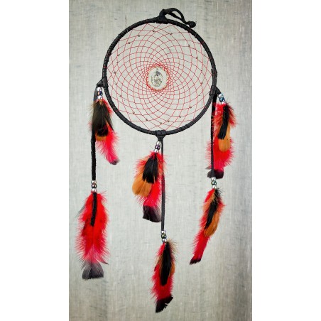 Item 223: 7inch Dream Catcher- Black leather -Red Webbing- Silvery beads - Wolf Teach me to Know -