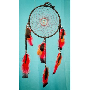 Item 223: 7inch Dream Catcher- Black leather -Red Webbing- Silvery beads - Wolf Teach me to Know -