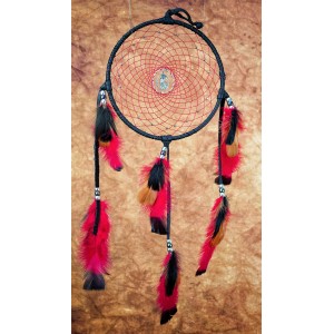 Item 223: 7inch Dream Catcher- Black leather -Red Webbing- Silvery beads - Wolf Teach me to Know -