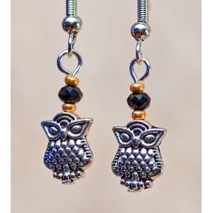 Item 235: Earring - Mini Owls with gold and black beads