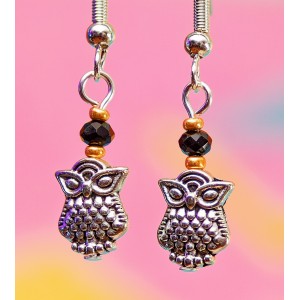 Item 236: Earring - Mini Owls with gold and black beads