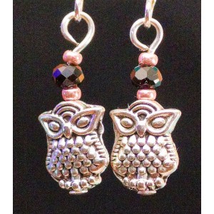 Item 237: Earrings - Mini Owls - rose gold and black beads
