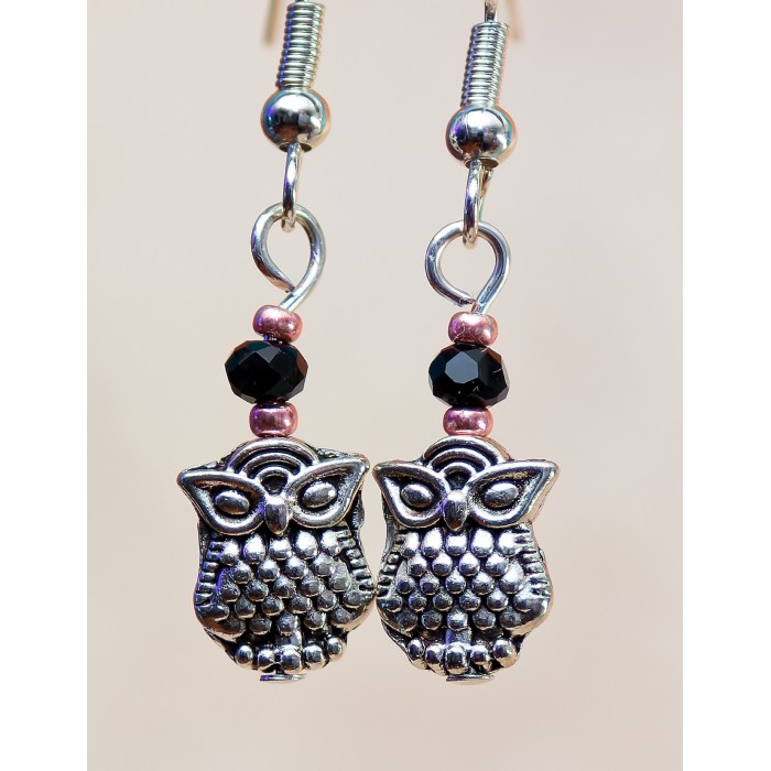 Item 237: Earrings - Mini Owls - rose gold and black beads