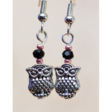 Item 237: Earrings - Mini Owls - rose gold and black beads