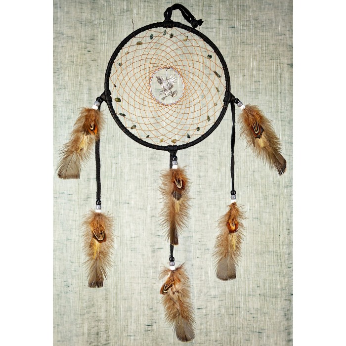 Item 224: 7 inch Dream Catcher -Black leather - Obsidian Snowflake gemstones - Eagle centre