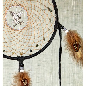 Item 224: 7 inch Dream Catcher -Black leather - Obsidian Snowflake gemstones - Eagle centre