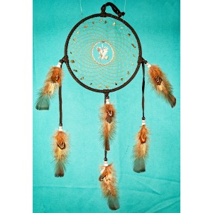 Item 224: 7 inch Dream Catcher -Black leather - Obsidian Snowflake gemstones - Eagle centre