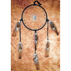 Item 224: 7 inch Dream Catcher -Black leather - Obsidian Snowflake gemstones - Eagle centre