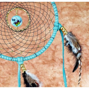 Item 225: 7 inch Turquoise Dream Catcher - Gemstone Butterfly center - golden beads