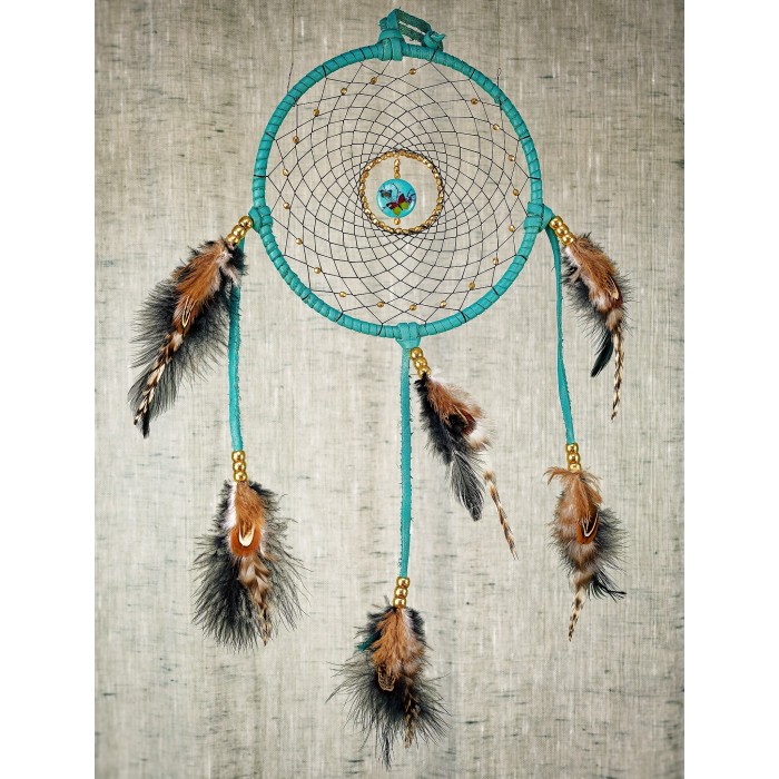 Item 225: 7 inch Turquoise Dream Catcher - Gemstone Butterfly center - golden beads