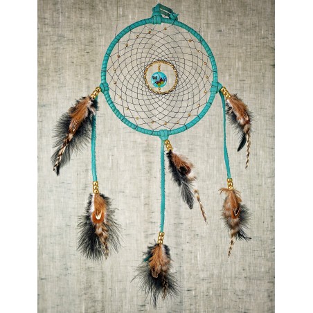 Item 225: 7 inch Turquoise Dream Catcher - Gemstone Butterfly center - golden beads